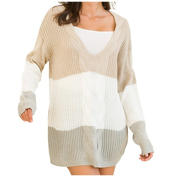 LYXSSBYX V-Neck Long Sleeve Sweater Tops Hot Sale Clearance for Women's Fashion Knitted Autumn Winter Long Sleeve V-Neck Patchwork Pullover