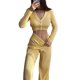 thumbnail image 3 of Traje Informal de Dos Piezas para Mujer, de Punto Liso, con Aberturas, Larga, Botones y Pantalones de Cintura Alta. Amarillo M, 3 of 8