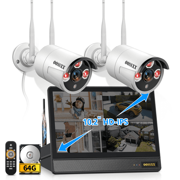 OOSSXX 3.0MP Wireless Outdoor Security Camera System with 10.1" All-in-One Monitor, 100FT Super Night Vision