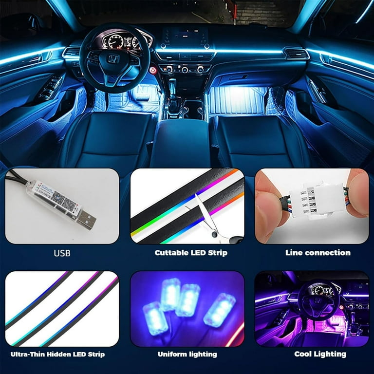 Glowride Interior Lights, Glowridee Interior Car Lights, RGB 5 in 1 LED Car Ambient Lighting Kit, Auto Interior Decoration Accessorie with Wireless App & Remote Control, Sync to Music(55in-6in1)