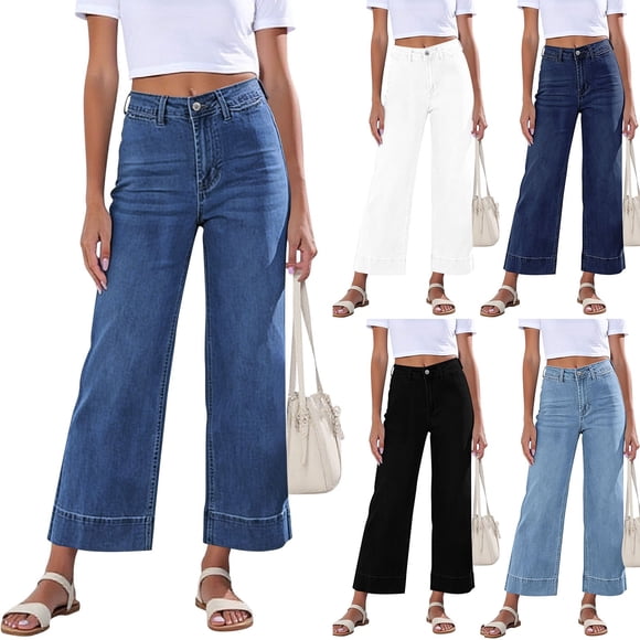 Sentmoon Stretchy Wide Leg Jeans for Women Stylish Casual Denim Jeans Pants High Waist Loose Fit Pocket Detail Straight Leg Solid Color Full Length Trousers for Weekend Daily Wear S-2XL