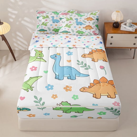 Homewish Cartoon Dino Zipper Twin Comforter Sets with Fitted Sheet and 2 Pillowcases,Cute Floral Zipper Bedding Set,White,Colorful Stars Reversible,4pcs