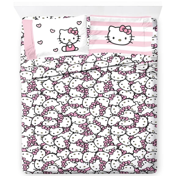 Jay Franco Sheet Set with Fitted, Flat Sheets & Pillow Cover - Ultra-Soft Bedding with Pillowcase for Room Decor, Multi - Hello Kitty, 4 Piece King