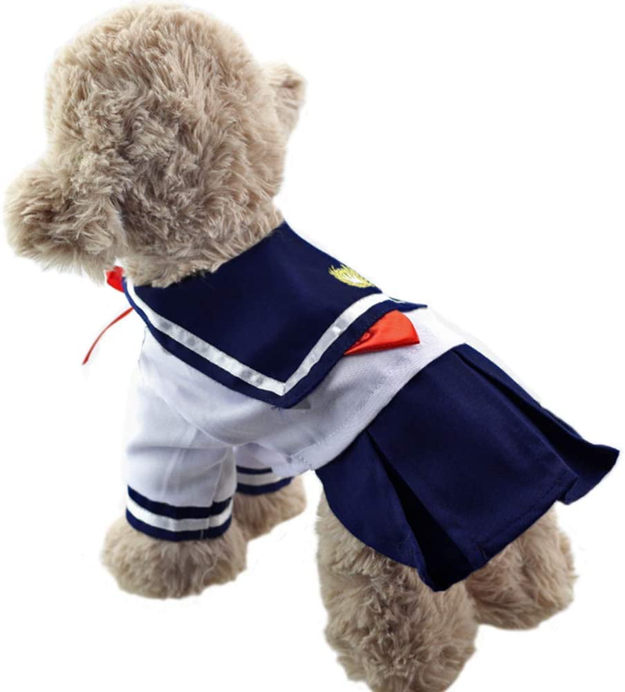 Small ANIAC Pet Navy Captain Suit Sailor Costume Student Uniform with Red Bow-Knot Cute Skirt Warm Clothes for Cats and Dogs