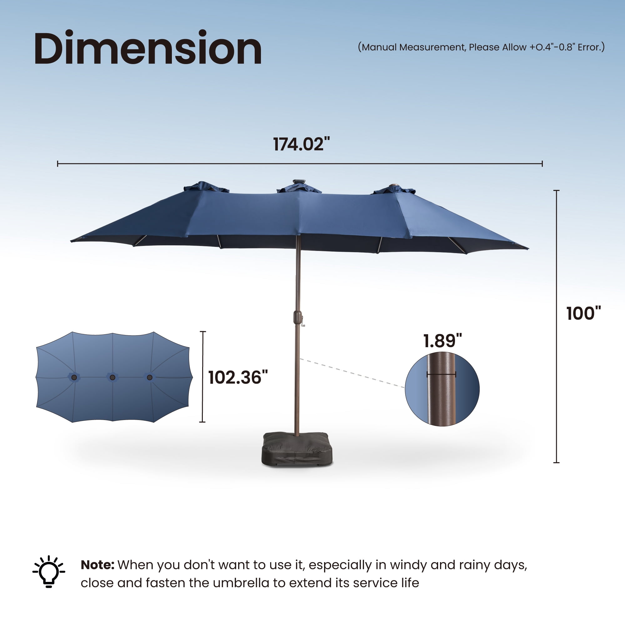 Ovios 15ft Solar LED Patio Umbrellas Double-Sided Outdoor Umbrella with 156 Colorful LED Lights Large Poolside Umbrella with Base, Blue