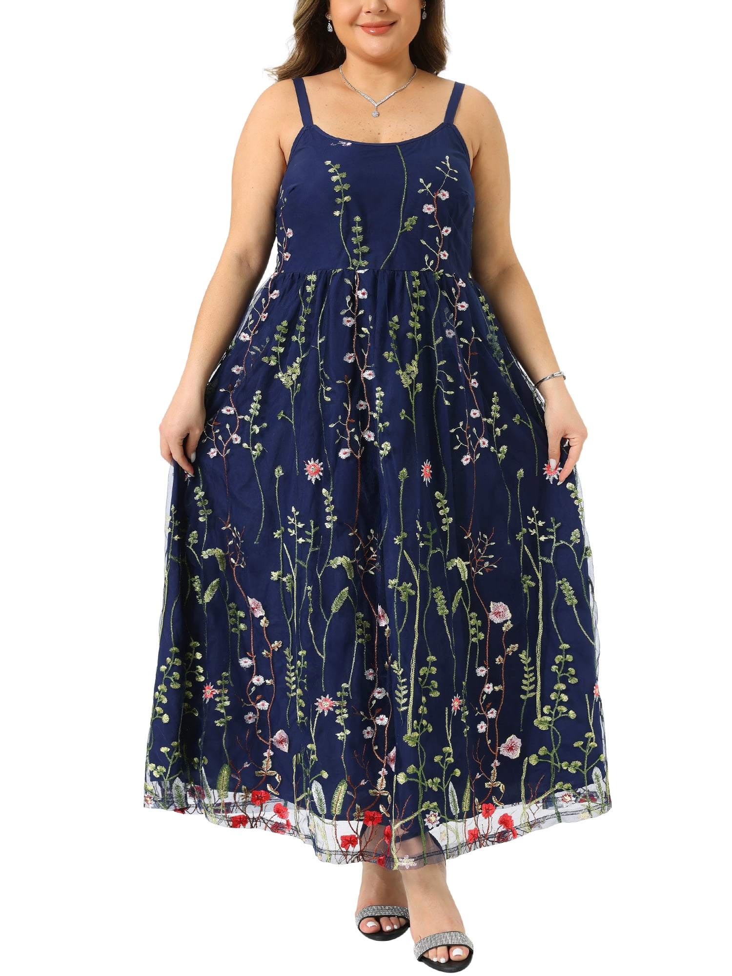 DARING DIVA Women's Plus U Neck Sleeveless Embroidered Mesh 1X Dark Blue