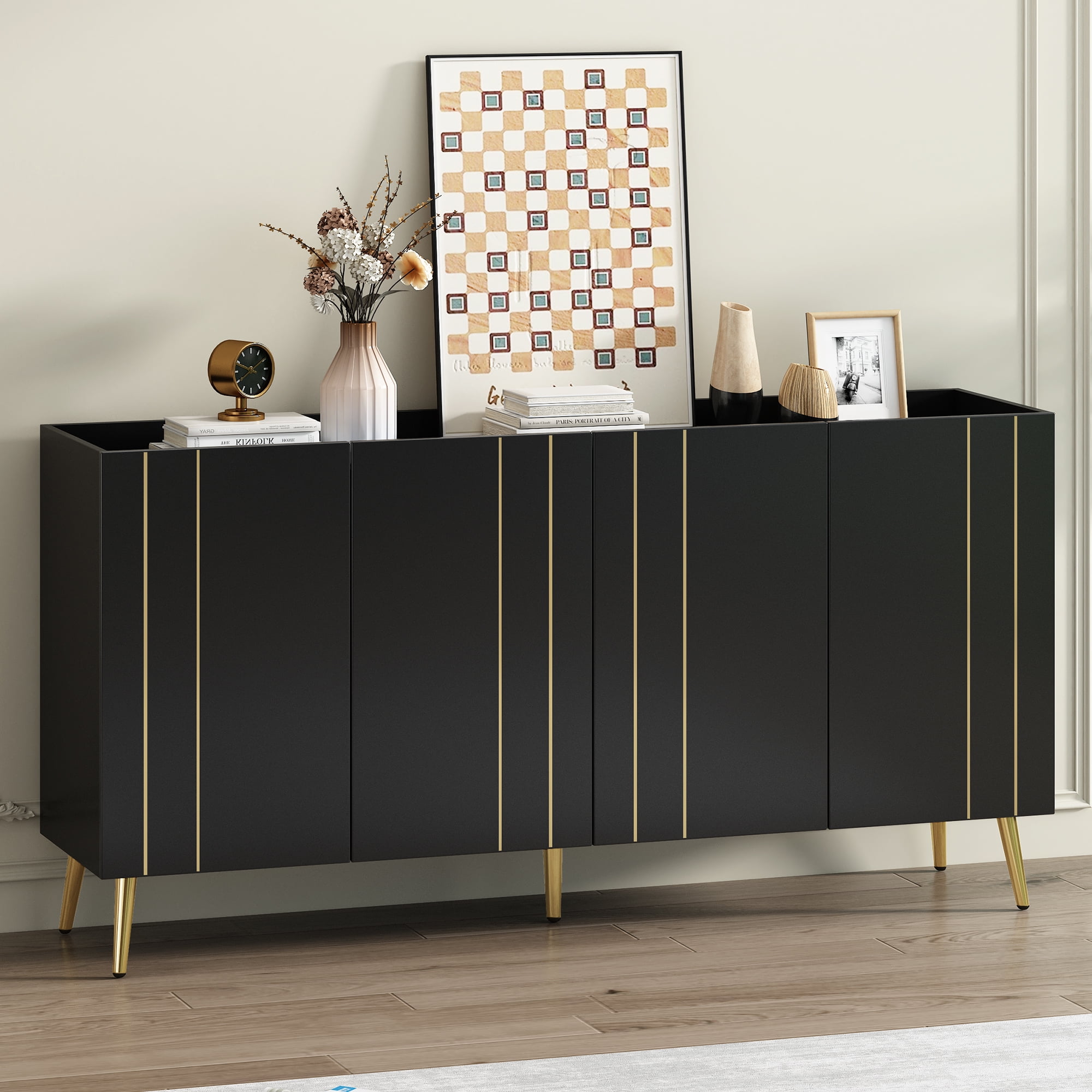 MAYEERTY Luxurious Shoe Cabinet with 5 Metal Legs, Modern TV Stand with 4 Adjustable Shelves for TVs Up to 70", Minimalist Sideboard Cabinet with Gold Lines Doors for Living Room,62.9"x 31.4",Black