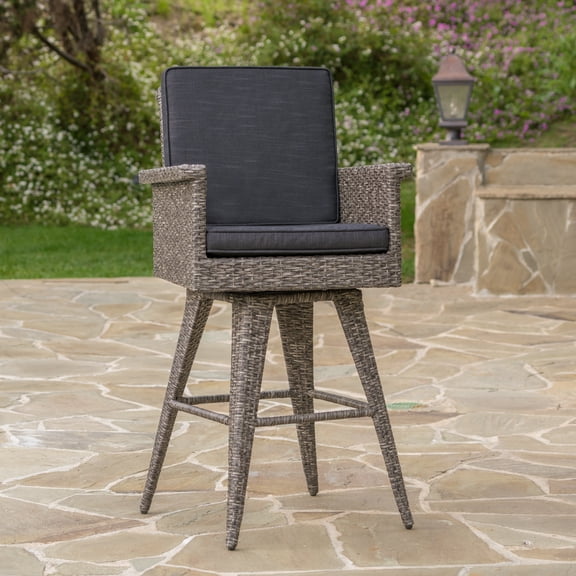 Outdoor Wicker Swivel Barstool with Water Resistant Cushion, 30 Inch Bar Height for Patio