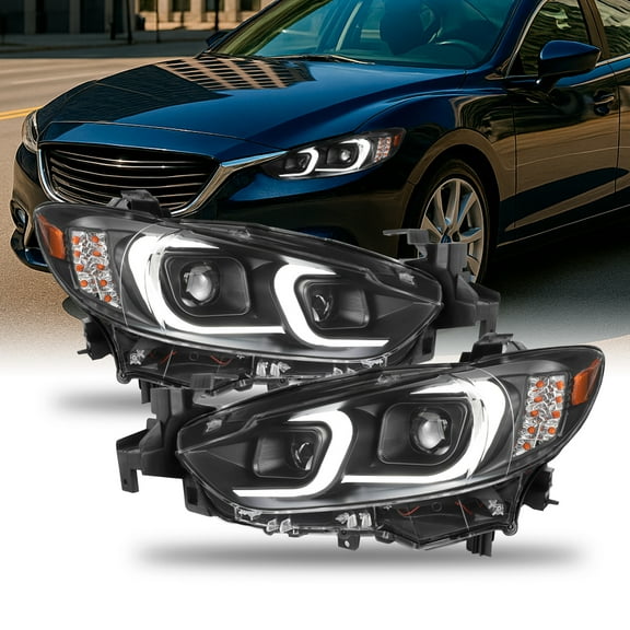 AKKON - Fits 2014 2015 2016 2017 Mazda 6 C-Shape LED DRL Light Tube Projector Headlights Black Housing