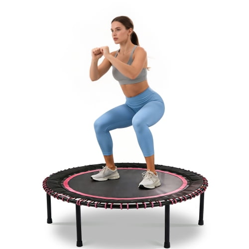 48 Inch Springless Mini Fitness Trampoline for Adults & Kids, 450lbs Capacity Quiet Rebounder with Bungee Ropes, Low Impact Indoor/Outdoor Exercise Equipment, Cardio Jumping Trainer for Home Gym Pink
