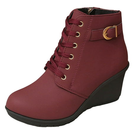 DVKOVI Botas Vaqueras Women s Ankle Boots & Booties Fashion Women Leather Autumn Square Heels Zipper Solid Short Booties Round Toe Shoes Wedges Heels for Women Closed Toe Heel Boots Red 38