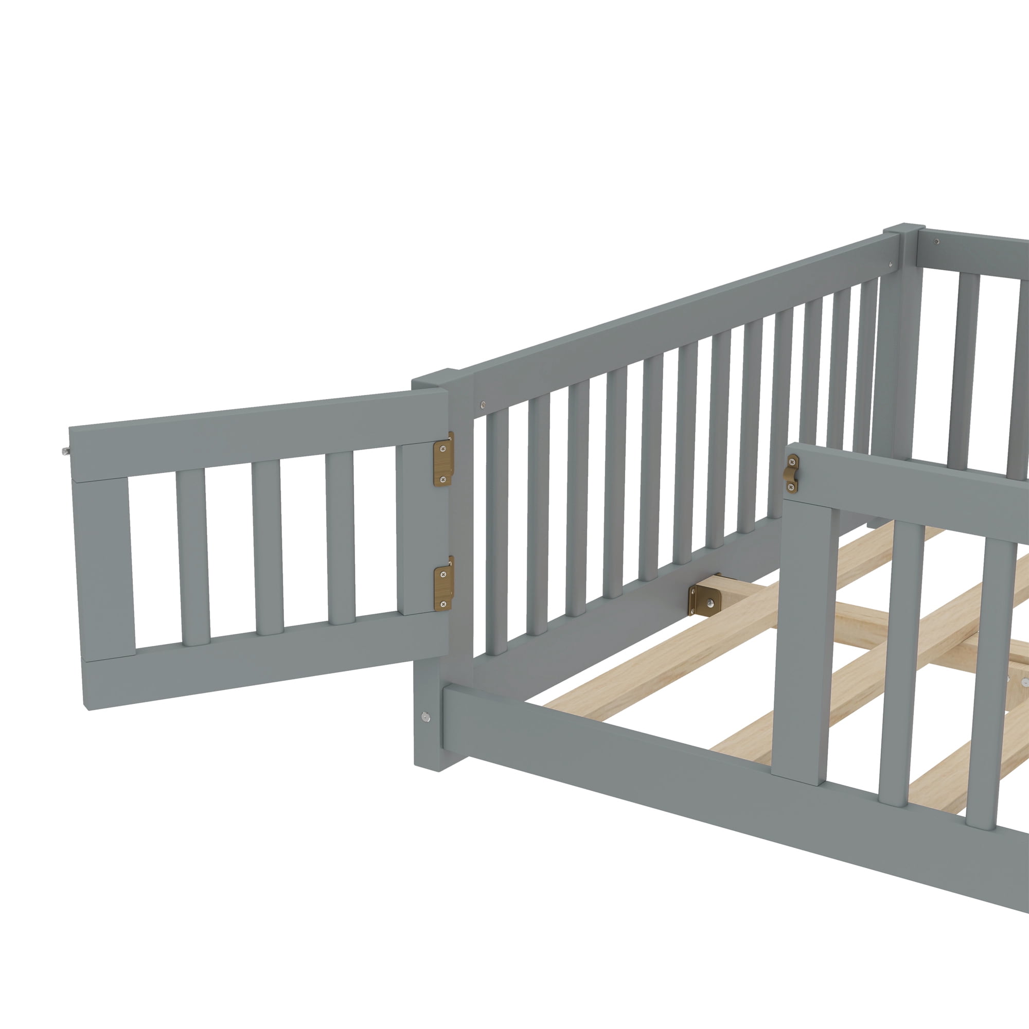 Full Size Floor Bed with Door and Support Slats, Wood Kids Floor Bed with Full-length Guardrails, Montessori Bed Frame Toddler Bed for Kids, No Box Spring Needed Design