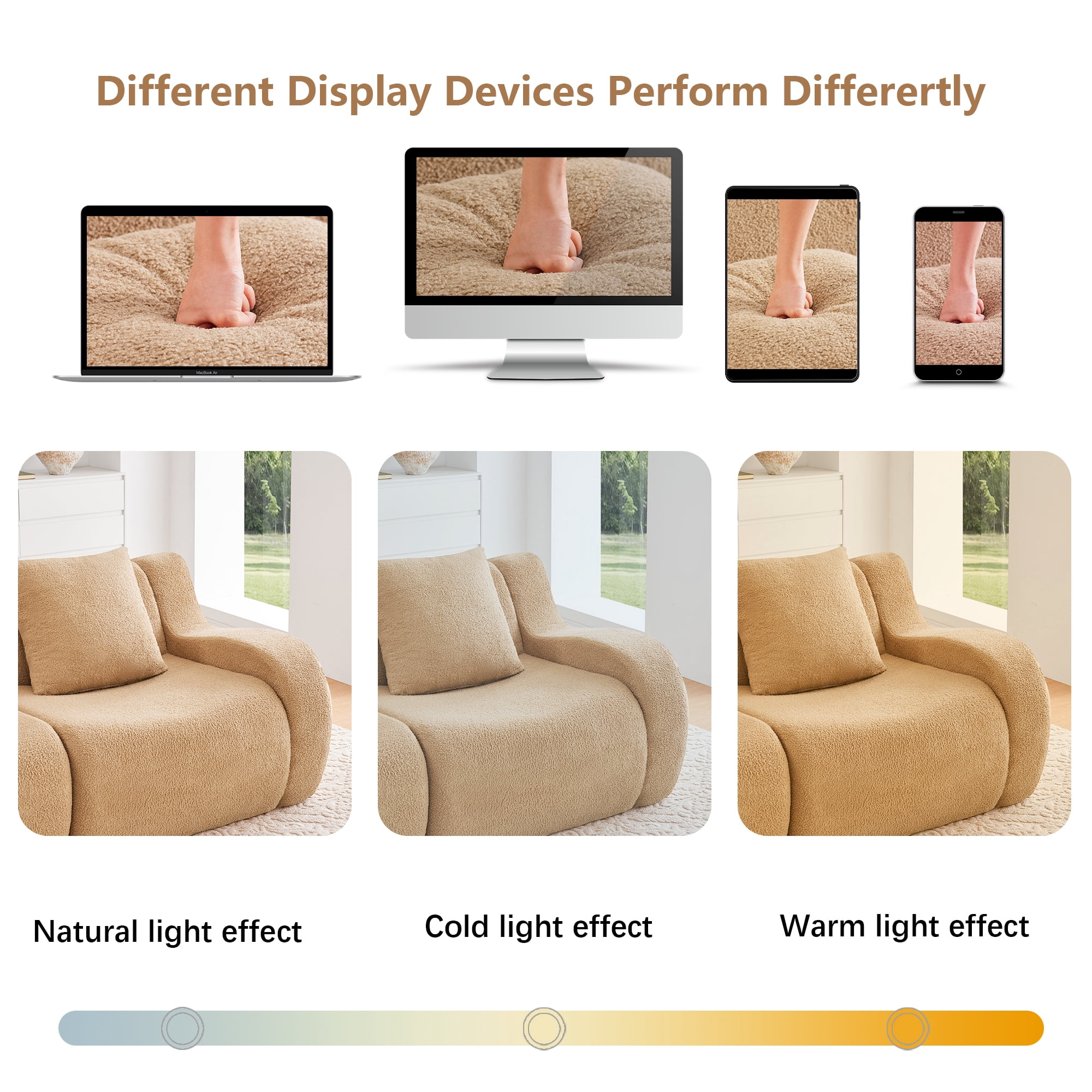 MAYEERTY 82.7" Teddy Fabric Boneless Sofa, Camel 300lbs/seat 32D Foam Non-Slip No Assembly Couch for Living Room Bedroom