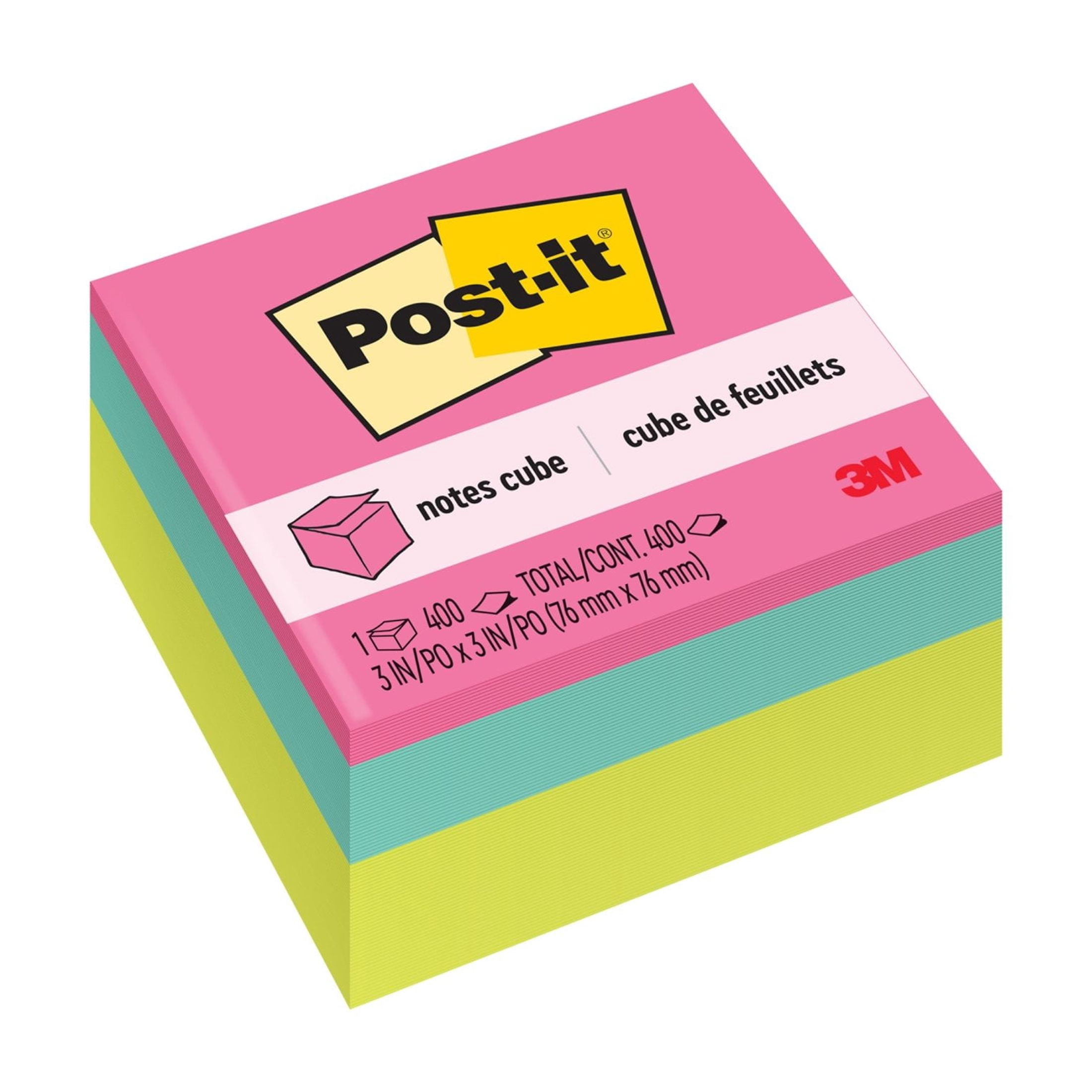 (3 pack) Post-it Notes Cube, 3 in. x 3 in., Bright colors, 400 Sheets, 1 Cube