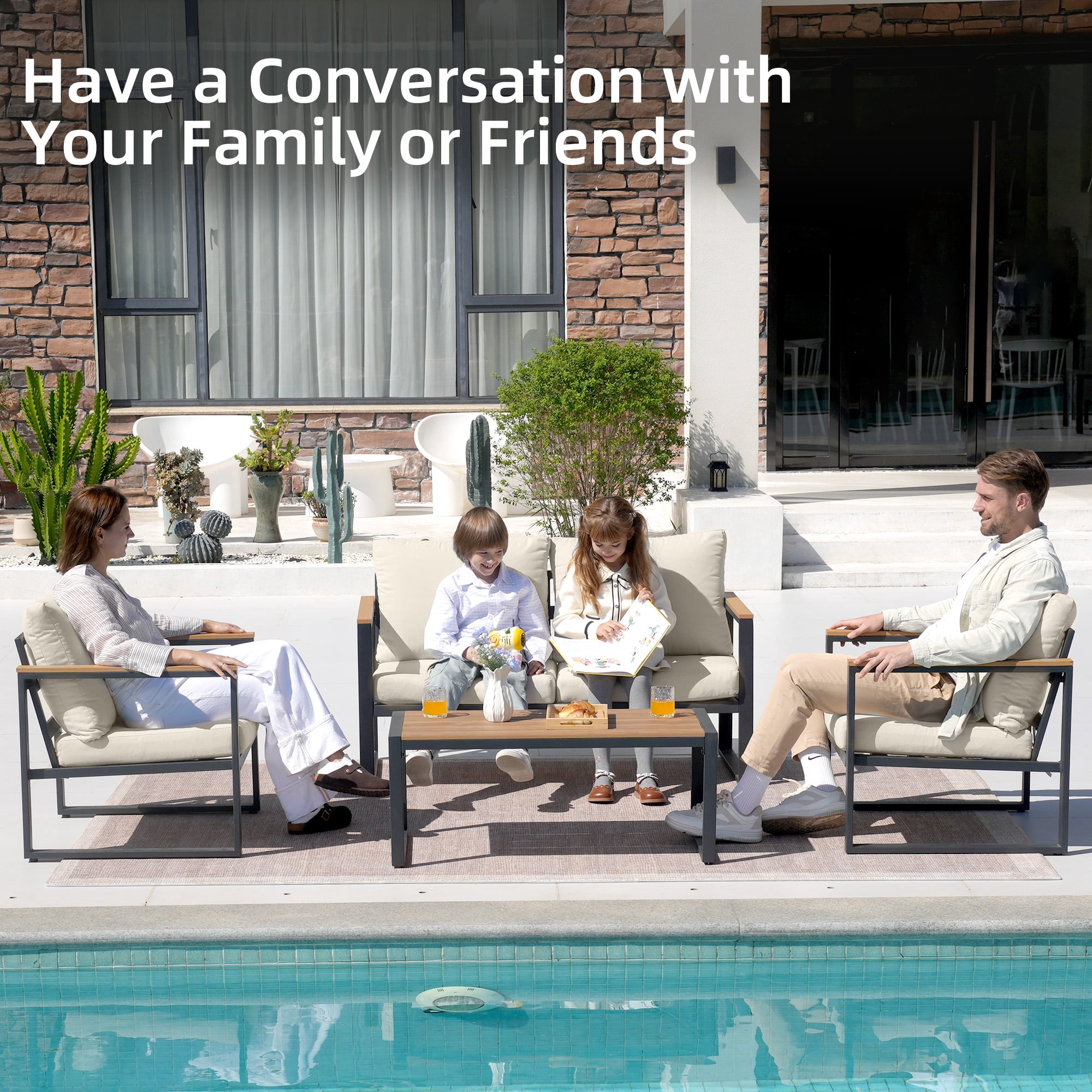 COMLAX FIELD 4-Piece Patio Furniture Set, Metal Outdoor Conversation Set with Coffee Table & Removable Cushions