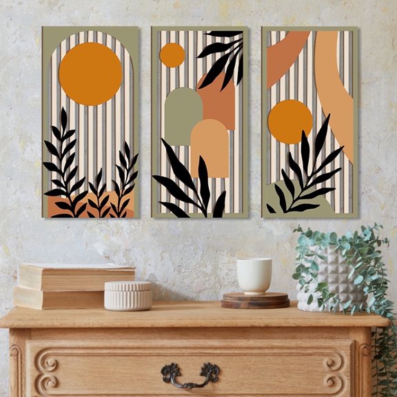 Boho Wood Wall Art Set of 3 Mid Century Modern Wall Decor Boho Leaf wooden Artwork Abstract Leaf wood Triptych for Living Room & Office Gallery Wall (8x16 Inch)