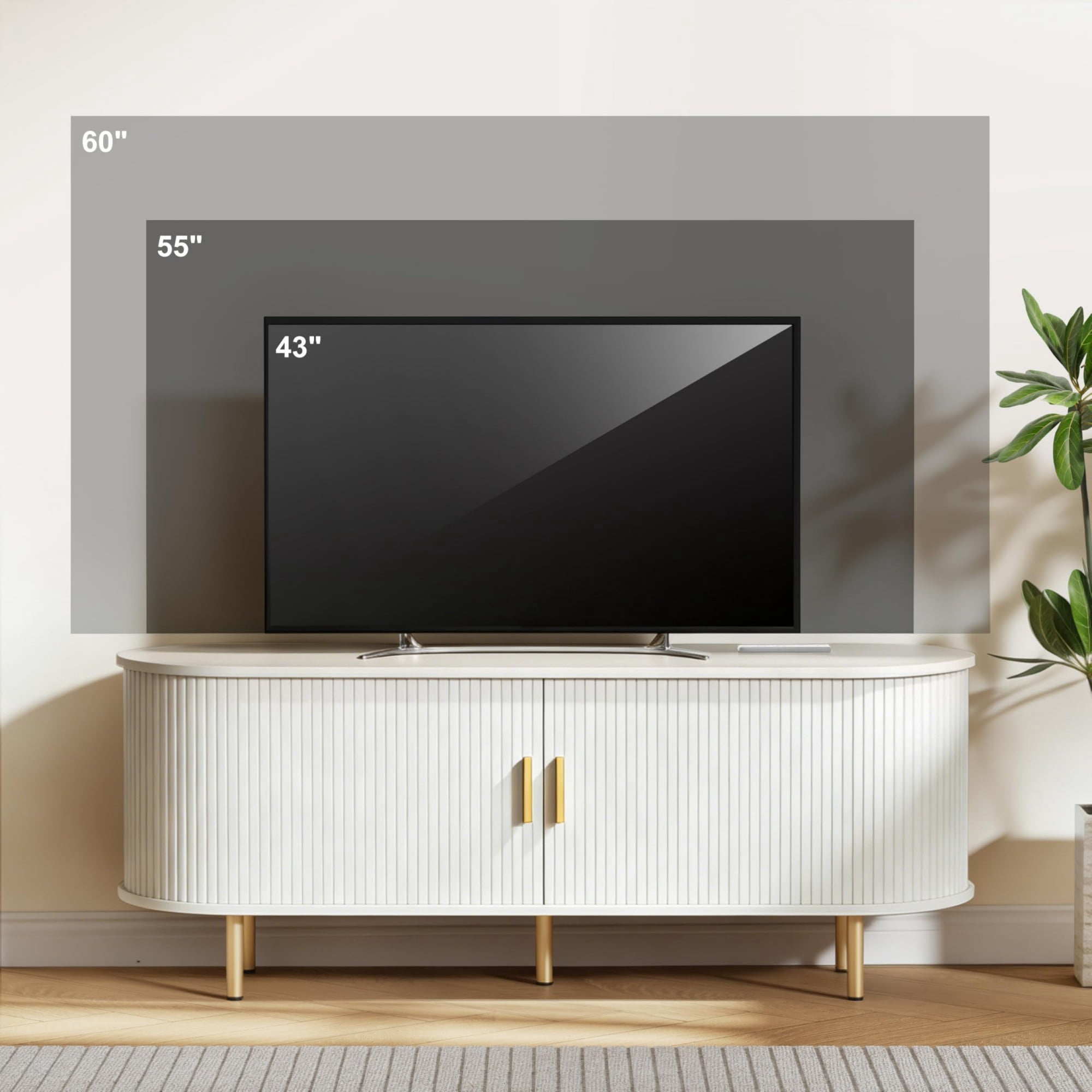55 Inch Mid Century Modern TV Stand with Power Outlet, Fluted Media Console with Sliding Doors for TVs up to 60 Inch, White