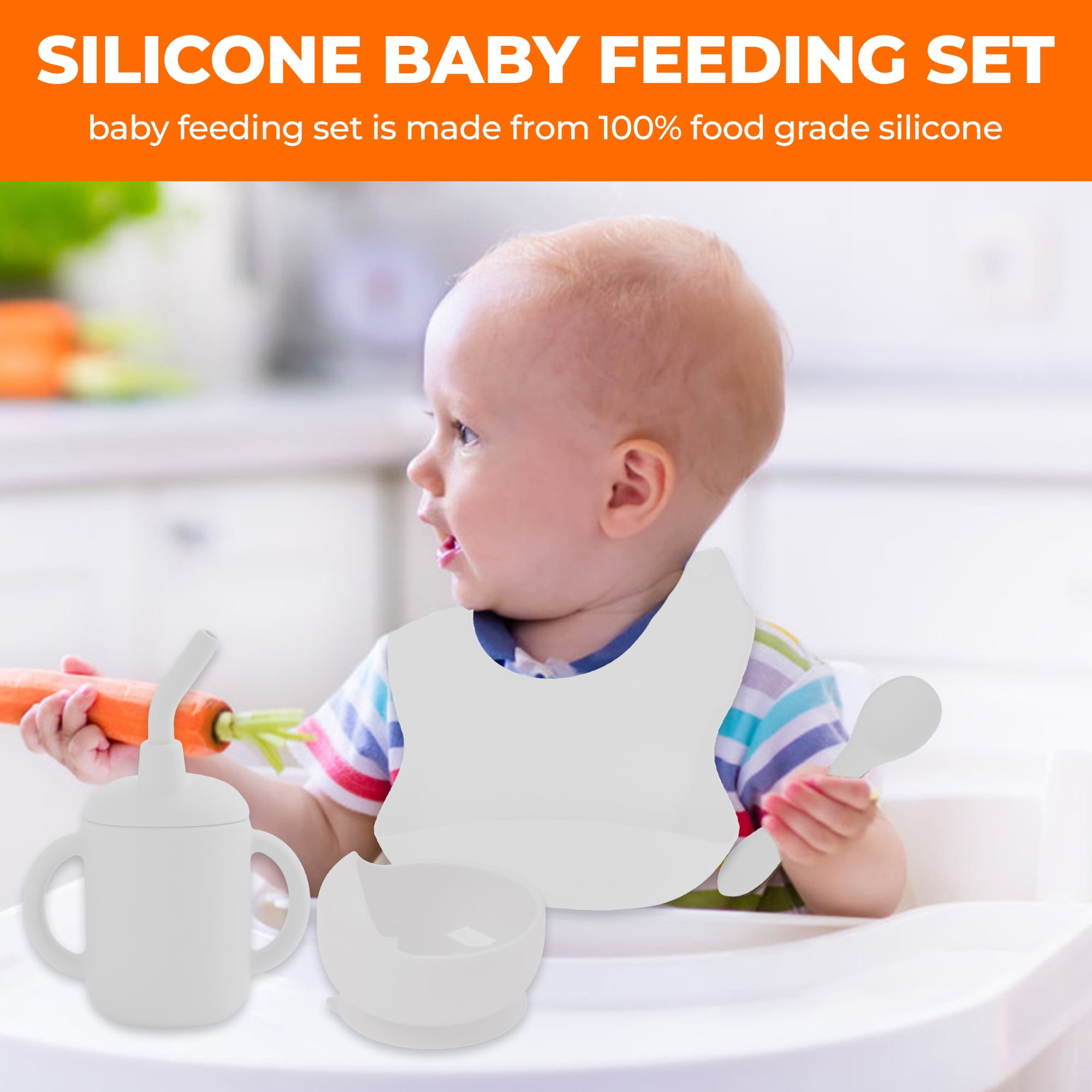 Silicon Feeding Set | Suction Bowl,Suction Plate,Fork, Spoon, Bib, Sippy Straw Cup.