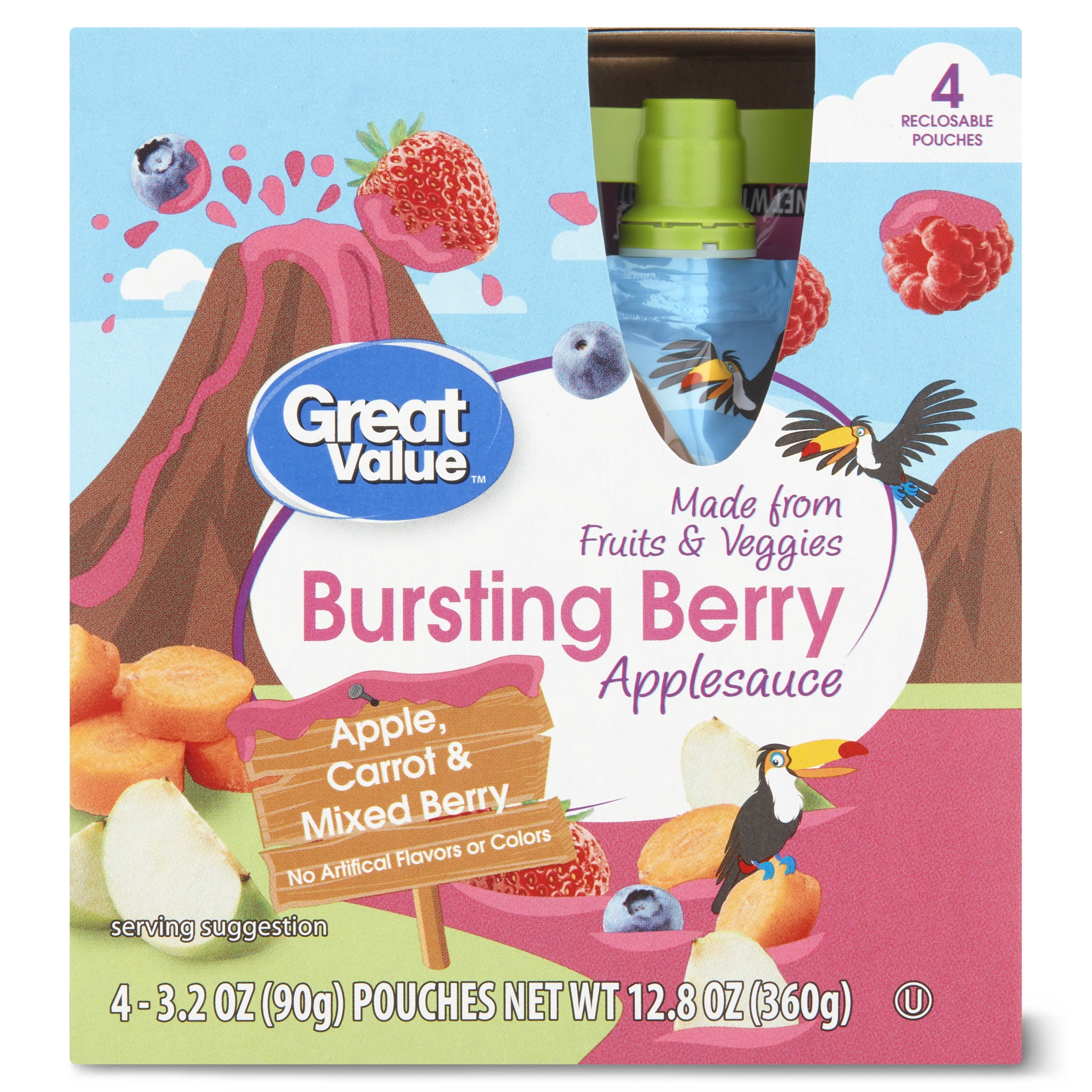 (4 Pack) Great Value Bursting Berry Applesauce Pouch, 3.2 oz, 4 Pack