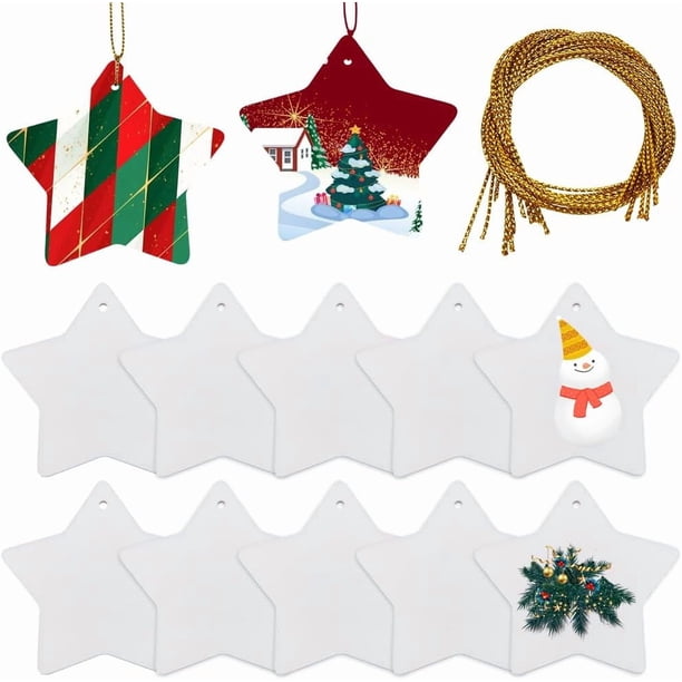 1 caja de 12 adornos de estrellas de cerámica, adorno de porcelana para árbol, colgante de estrella blanca con 12 discos de cerámica esmerilados en blanco con pentáculo colgante de hilo dorado.