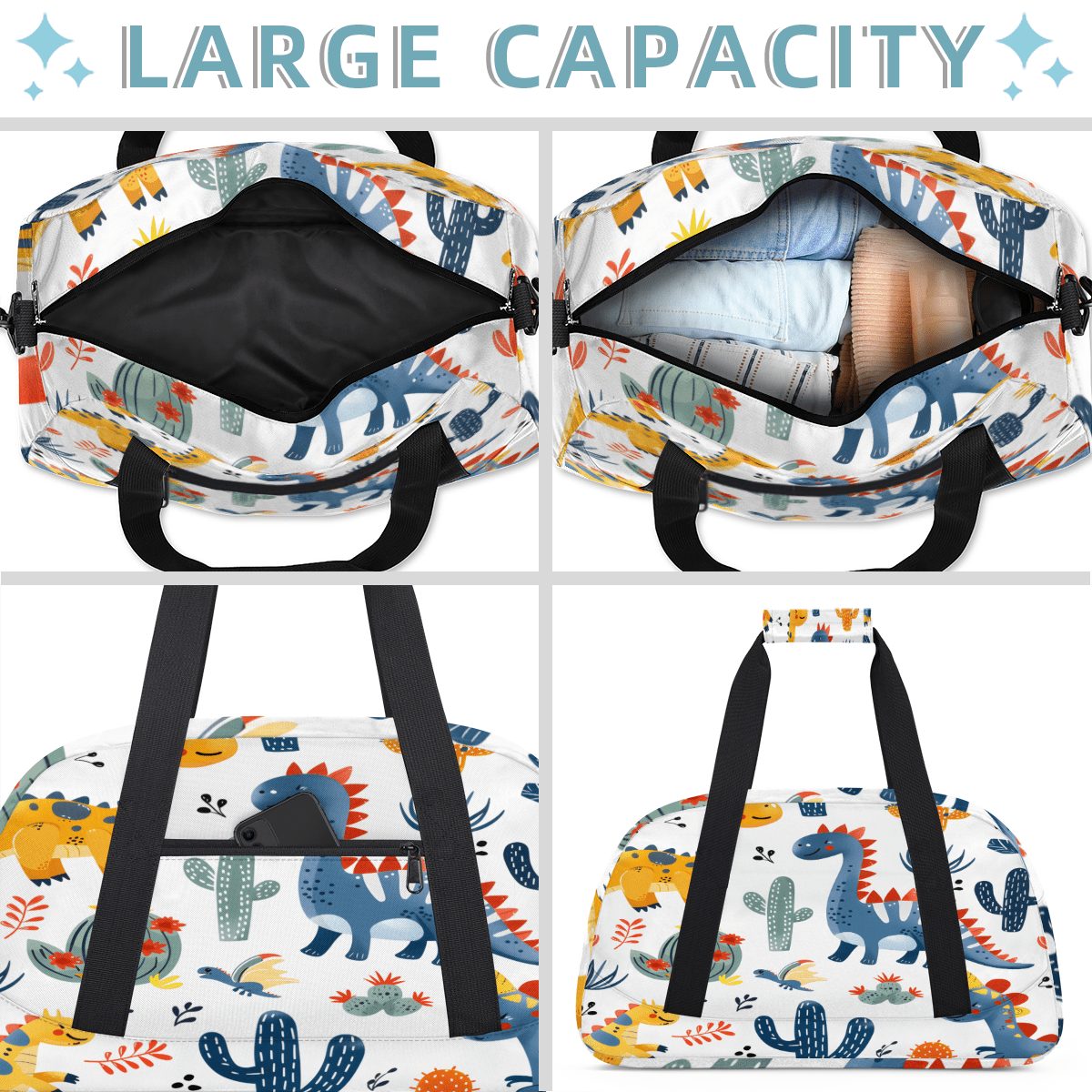 Herdesigns Cute Dinosaur Sports Duffle Bag for Women & Men, Animals Plants Gym Bag Dance Bag Overnight Bag Carry On Weekender Travel Bag