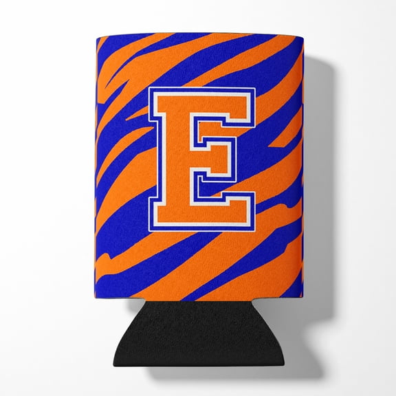 Letter E Initial Tiger Stripe - Blue Orange  Can or Bottle Hugger