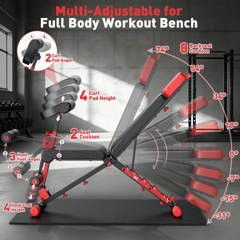 Gikpal 8-Position Adjustable Weight Bench with Resistance Bands, 880 lbs photo 2