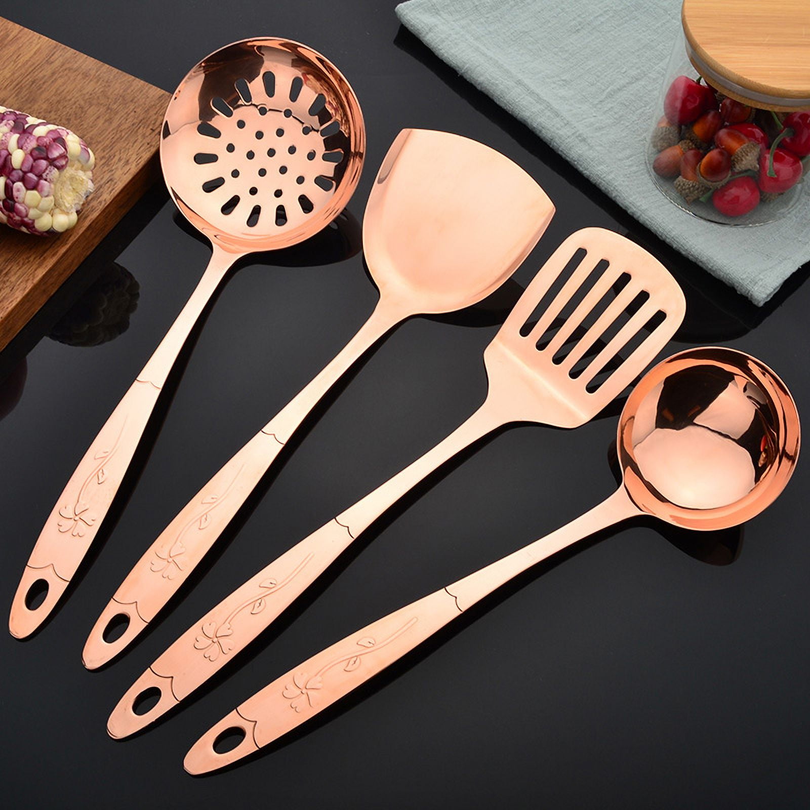 Wollet 99.9% Pure Copper Soup Spoon Shovel , Frying Shovel, Leaking Spoon, Stir Frying Vegetable Shovel, Solid Copper Kitchen Utensils Set, Complete Set of  Cookware