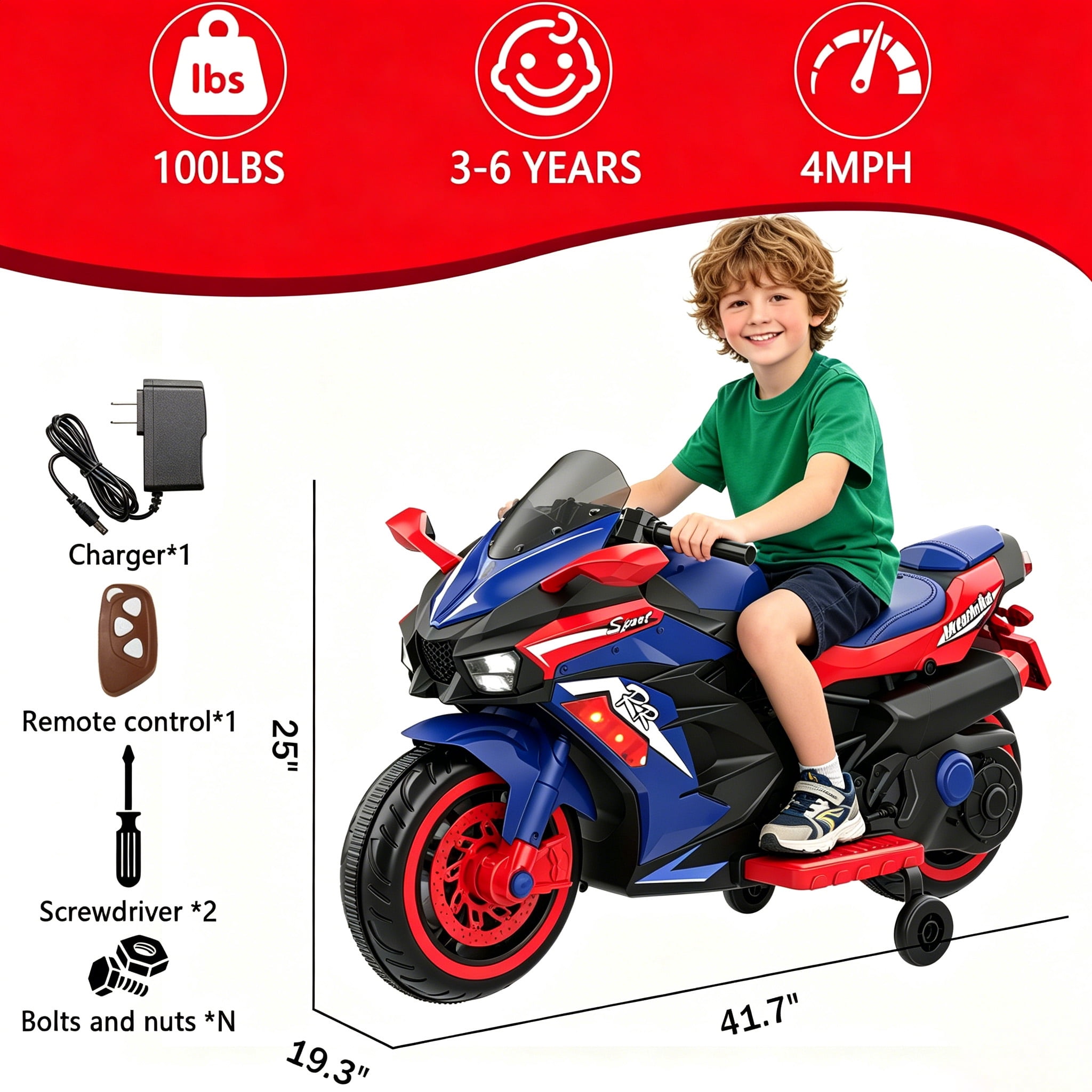 HNH 12V Ride on Motorcycle with Remote Control, Kids Electric Motorcycle with Music, Bluetooth, Lights