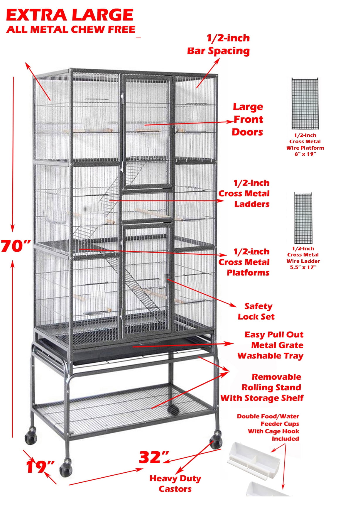 Extra Large 5-Tiers Small Animal Critter House Habitat Cage With Narrow 1/2-inch Wire Spacing for Guinea Pig Ferret Chinchilla Sugar Glider Rats Mice Hamster Hedgehog Gerbil