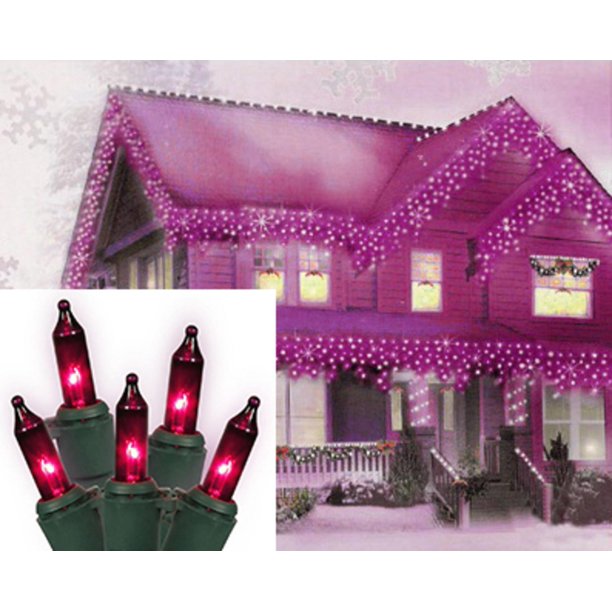 Set of 100 Purple Mini Icicle Christmas Lights Green Wire