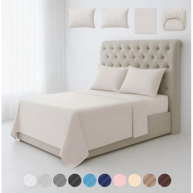 Juego de Sábanas Matrimonial 3000 Hilos Suave Diseño Rayado 4 Piezas Blick Modelo Beige
