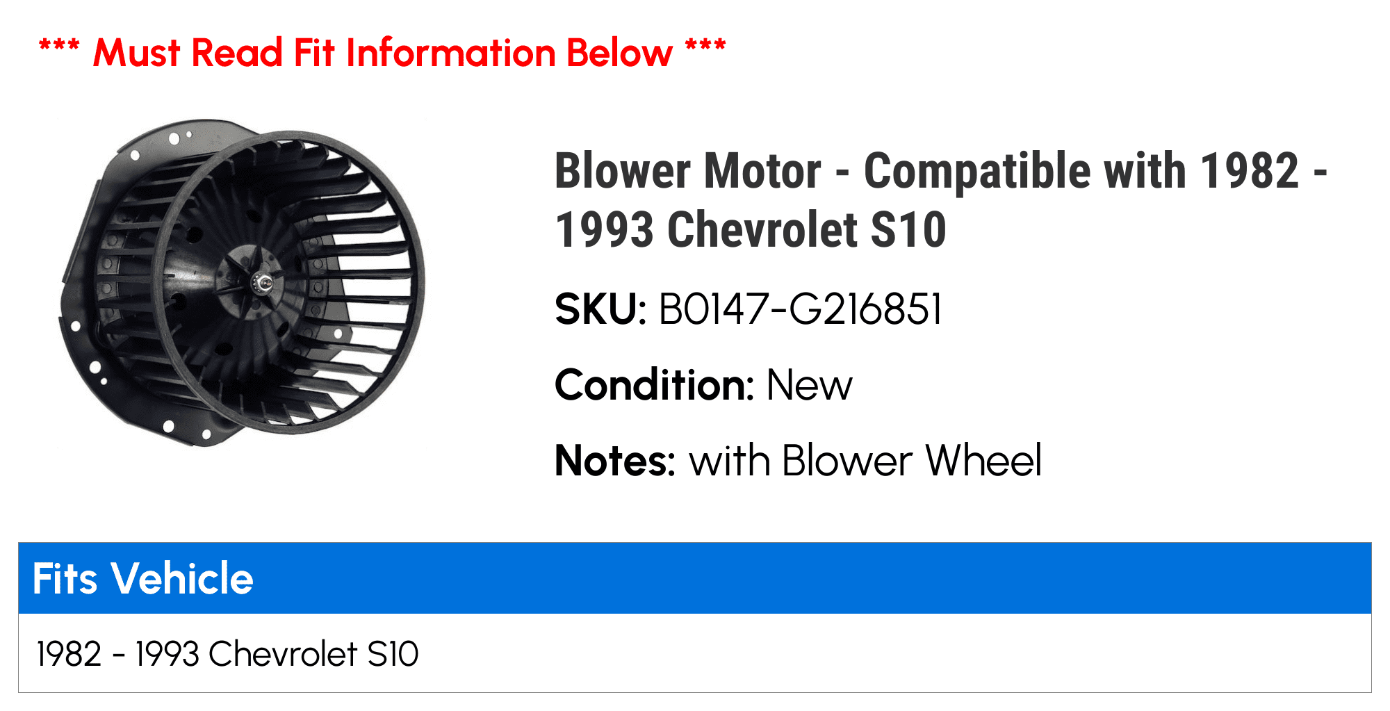 Blower Motor - Compatible with 1982 - 1993 Chevy S10 1983 1984 1985 1986 1987 1988 1989 1990 1991 1992