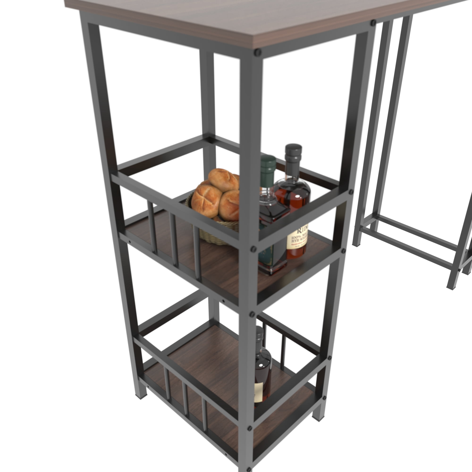 GARITIN 3 Piece Counter Height Bar Table Set with 2 Bar Stools, Rectangular Pub Table with 2 Tier Side Storage Shelves for Balcony, Walnut Brown