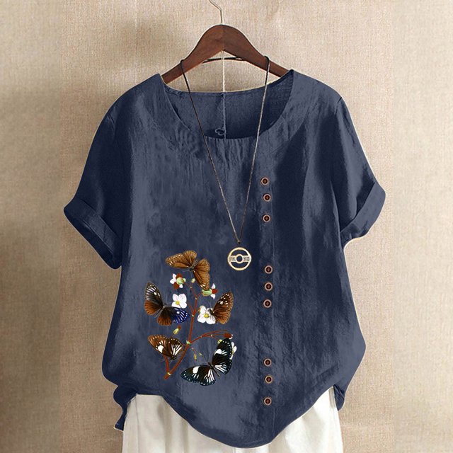 Pisexur Hauts pour Femmes en Coton et Lin Été Décontracté Imprimé Papillon Blouses Oversize Col Rond Tunique Ample Manches Courtes Hauts Chemises Grande Taille