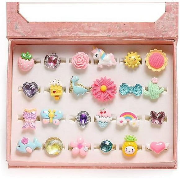 Little Girl Jewel Rings in Box, Adjustable, No Duplication, Girl Pretend Play and Dress Up Rings (24 Lovely Ring)