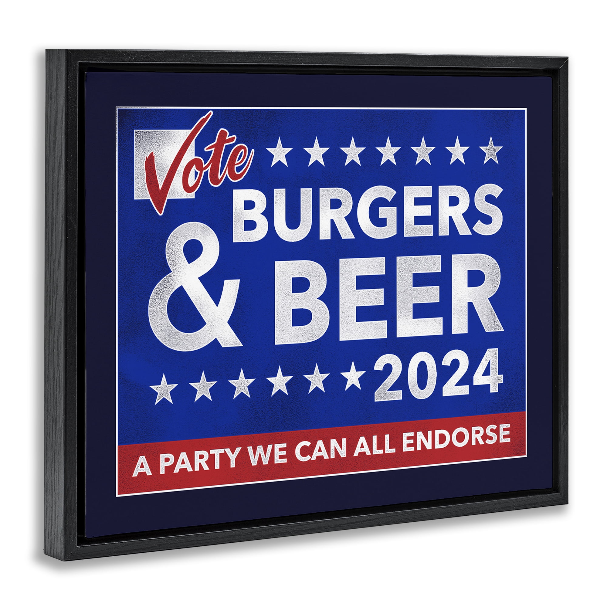 Stupell Industries Burgers & Beer Vote Food & Beverage Painting Black Floater Framed Canvas Art Print Wall Art, 21 x 17