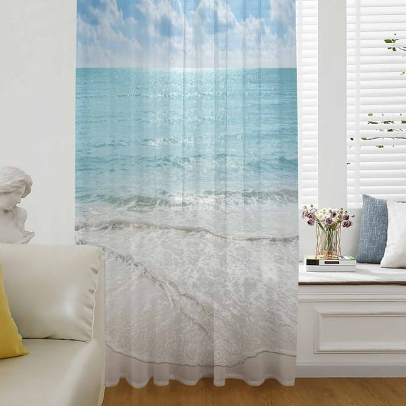 Summer Beach Semi Sheer Curtains Drapes for Living Room, Bedroom, French Doors Window 96 Inches Long, Blue Coastal Ocean Seaside Nautical Rod Pocket Chiffon Curtain Drapery Voile Draperies Panel