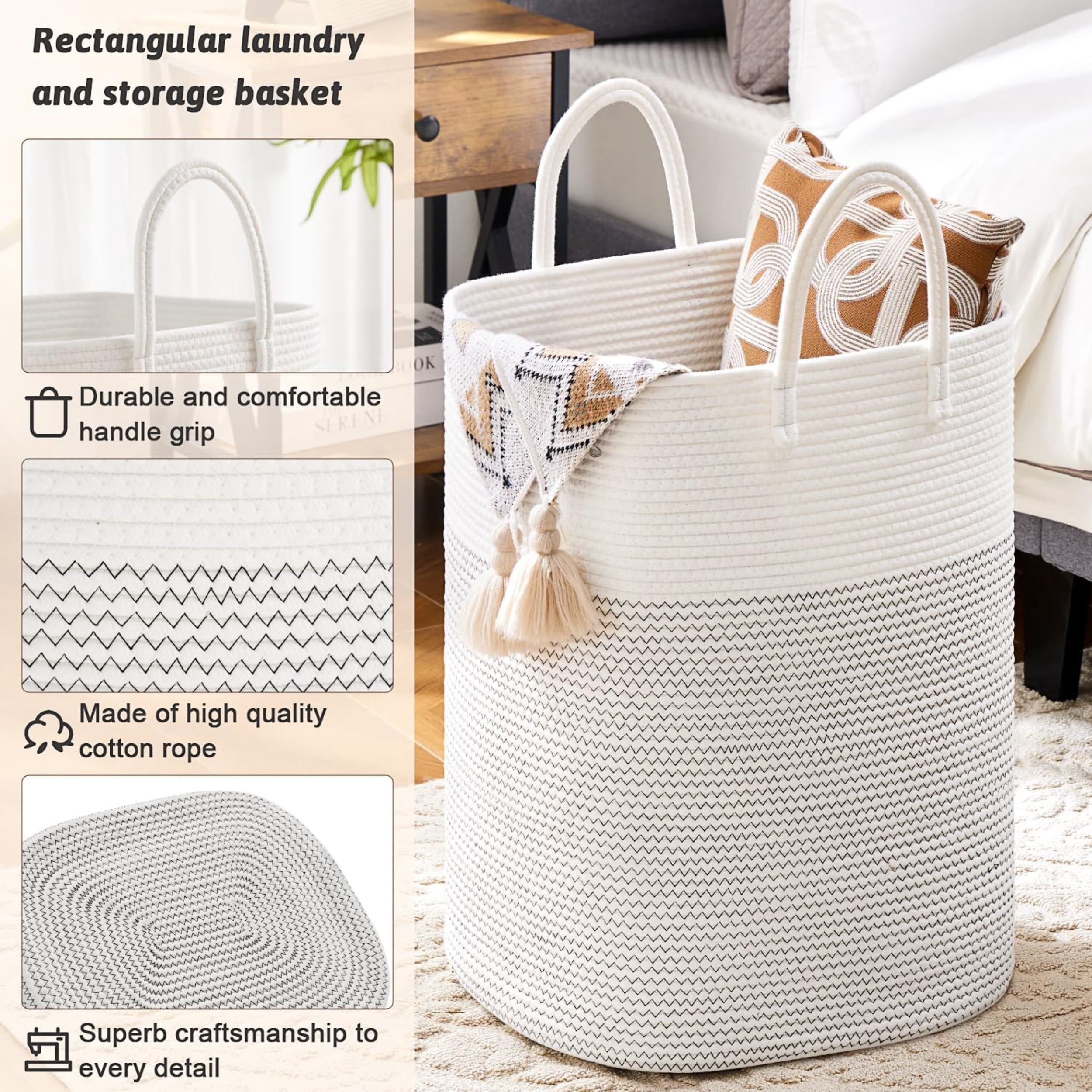Laundry Basket, Woven Cotton Rope Laundry Hamper, Versatile Storage for Dirty Clothes, Baby Toys, and Blankets in Bathroom, Nursery, and Living Room