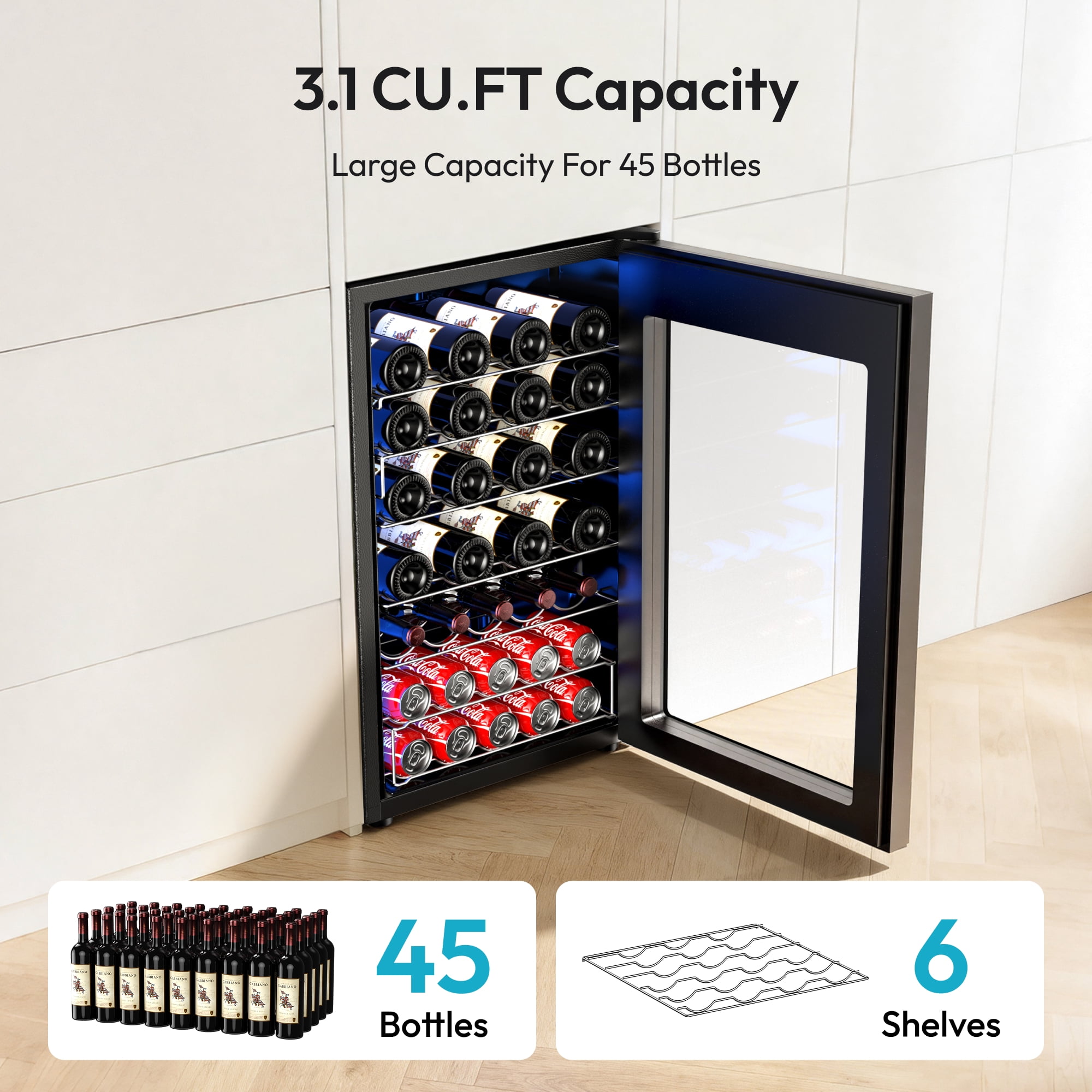 EUHOMY 44 Bottle Wine Cooler Refrigerator-Mini Fridge Glass Door for Beer Drinks Wines with Adjust Temperature Blue LED