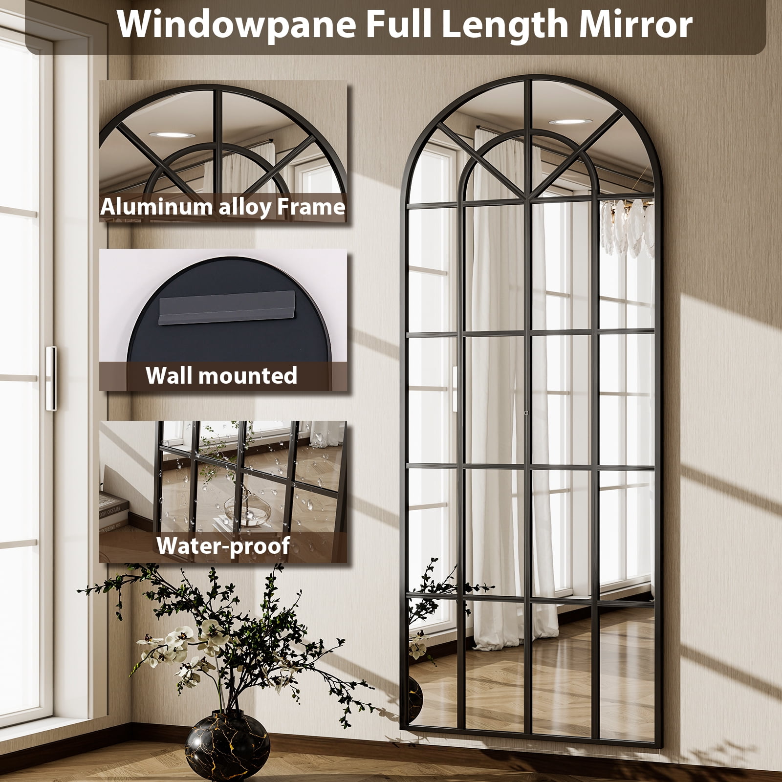 Anyrose 65"x 24" Floor Full Length Mirror, Large Arch Window Pane Mirror, Wall Mounted Mirror, Black
