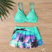 Fewfanhot Women's Tropical Palm Print Bikini Set, Halter Triangle Top & Ruffled Swim Skirt Adjustable Tummy Control Two Piece Bathing Swimsuit with UPF50