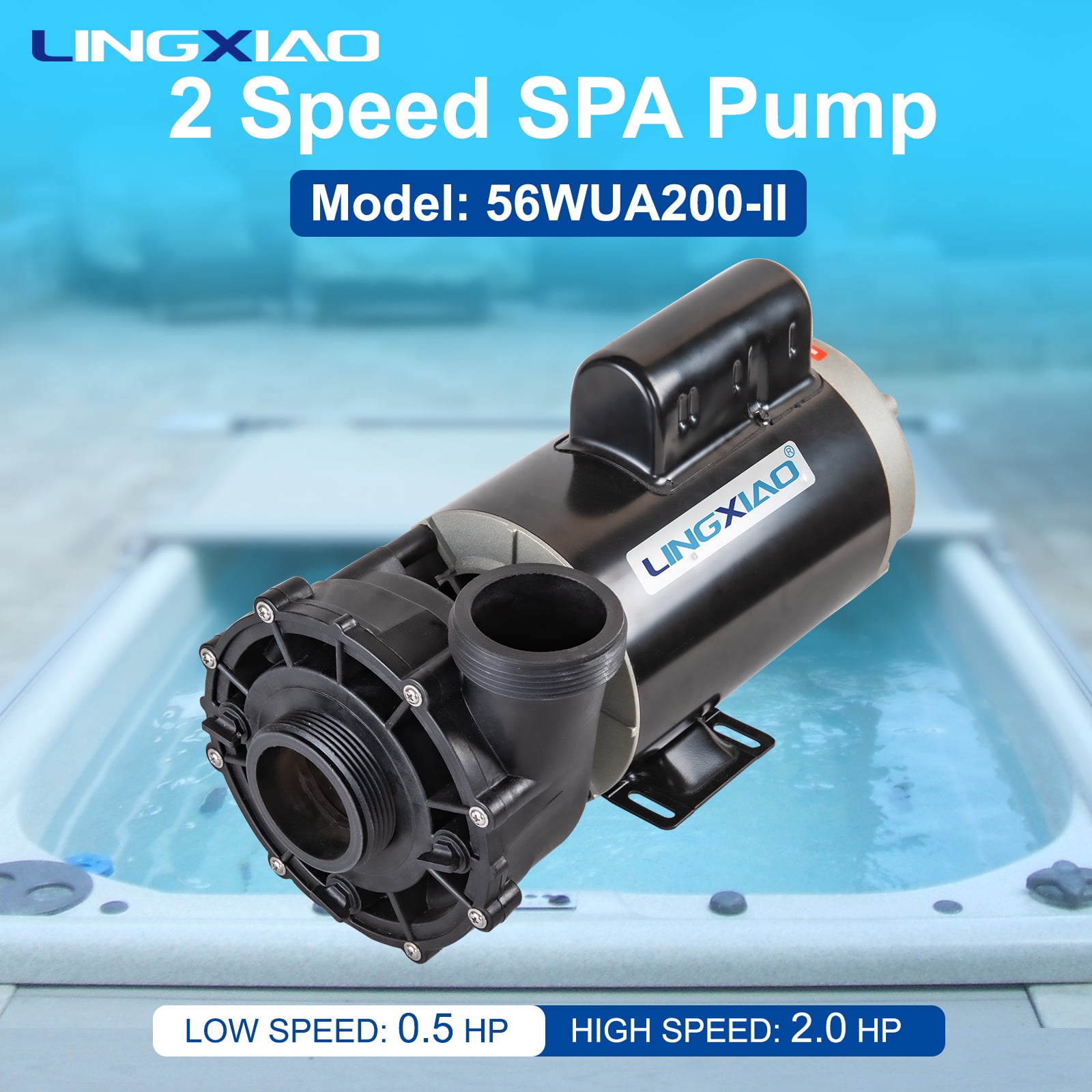 LINGXIAO 2 Speed SPA Pump, 2HP Hot Tub Pumps,  230V LX SPA Pump Motor, 2" Port, 56 Frame (Model: 56WUA200-II)