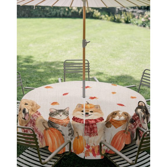 Outdoor Tablecloth with Umbrella Hole, Rustic Dog Cat Rabbit Retro Linen Zippered Table Cloth for Square Tables, Thanksgiving Pumpkin Maple Leaf Waterproof Tablecloths for Picnic Patio Garden