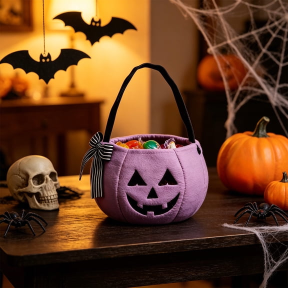 Halloween Pumpkin Candy Bag, Embroidered Bowknot Trick or Treat Bucket for Kids, Portable Halloween Treat Bag for Candy Collection, Party Favor Storage Bag and Holiday Decoration Prop