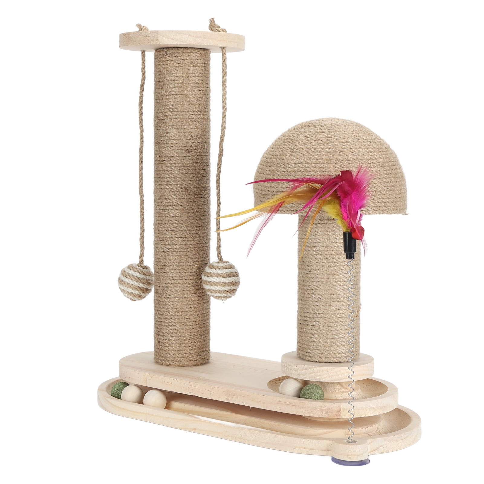 YAHHU Cat Scratching Post 2 Layer Ball Track Interactive Tall Kitten Scratcher with Teasing Wand for Indoor Cats Oval Mushroom Turntable (15.3 inches / 39 cm)