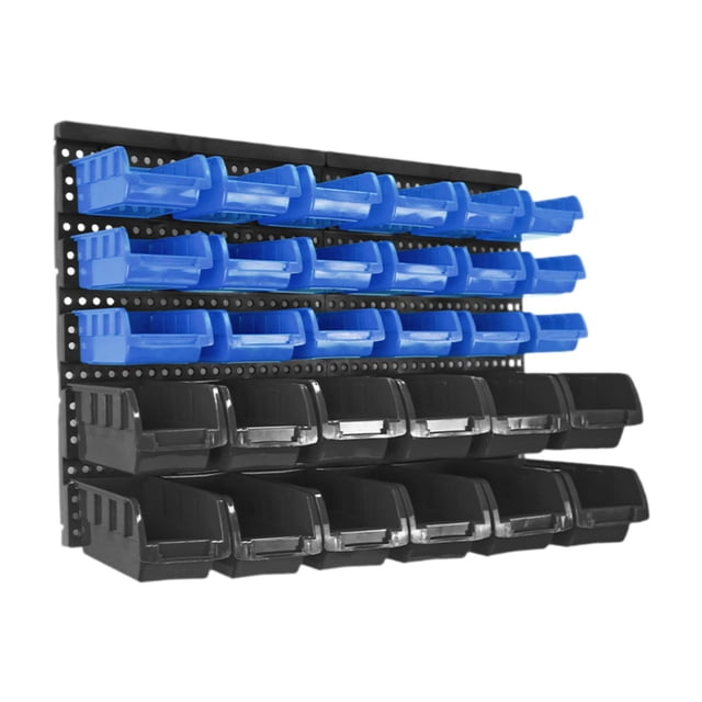 Contenedores almacenamiento pared 30 compartimentos con tablero perforado, soporte para piezas, estante para piezas ferretería, garaje y Azul negro
