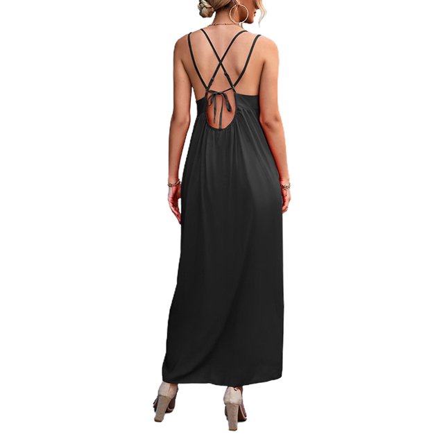 Femmes Dos Nu V-Cou Bretelles Midi Robe Dames Vacances d'Été Plage Robe de Soleil