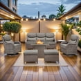 thumbnail image 2 of PARKWELL 7 Pieces Outdoor Patio High Back Furniture Set with Fire Pit Table, Luxury 6" Thick Conversation Set with Swivel Glider Chairs,Wicker Seating Set for Deck, Backyard,Brown/Gray, 2 of 13