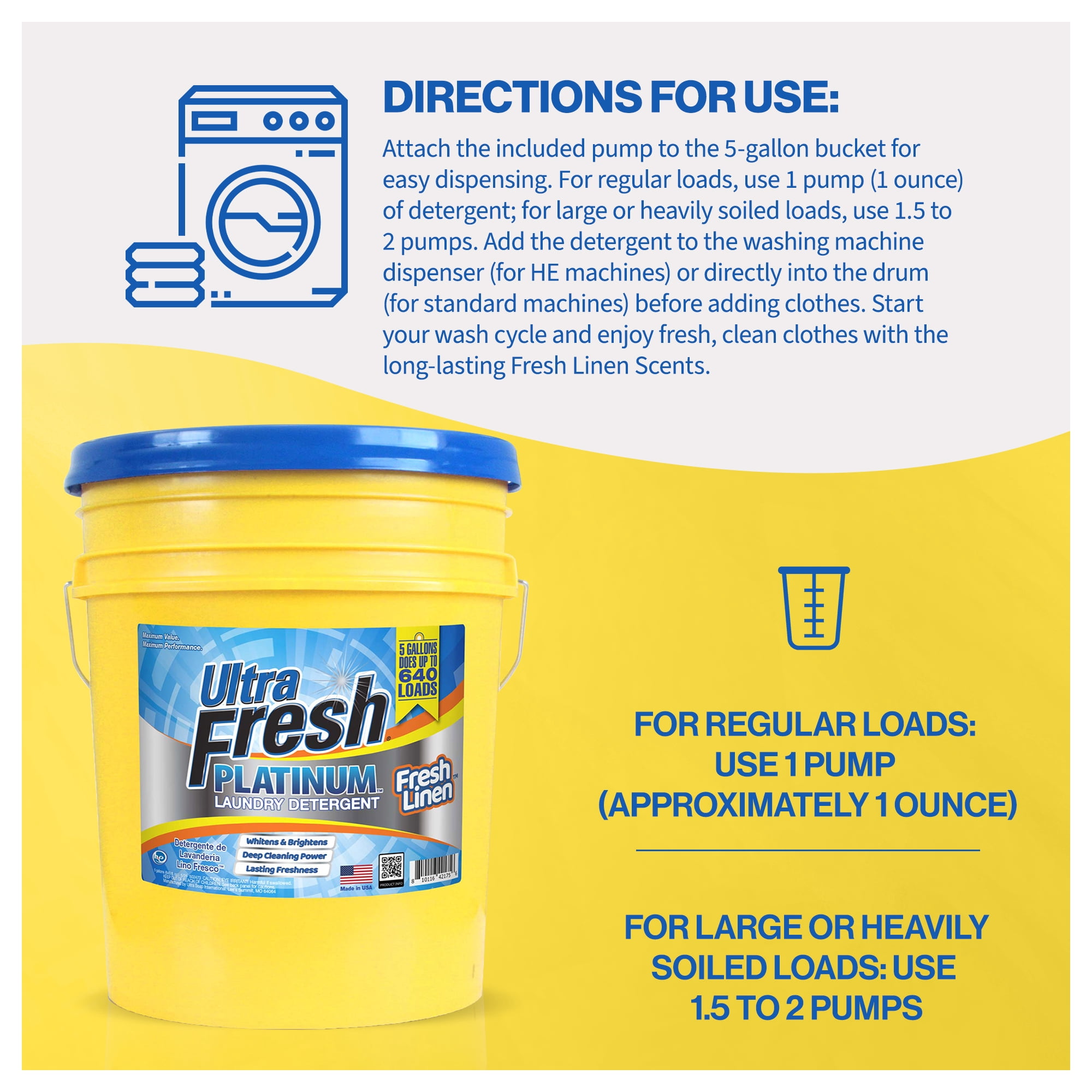 Ultra Fresh Platinum 5 Gal Liquid Laundry Detergent, Up to 640 Loads, Fresh Linen Scent
